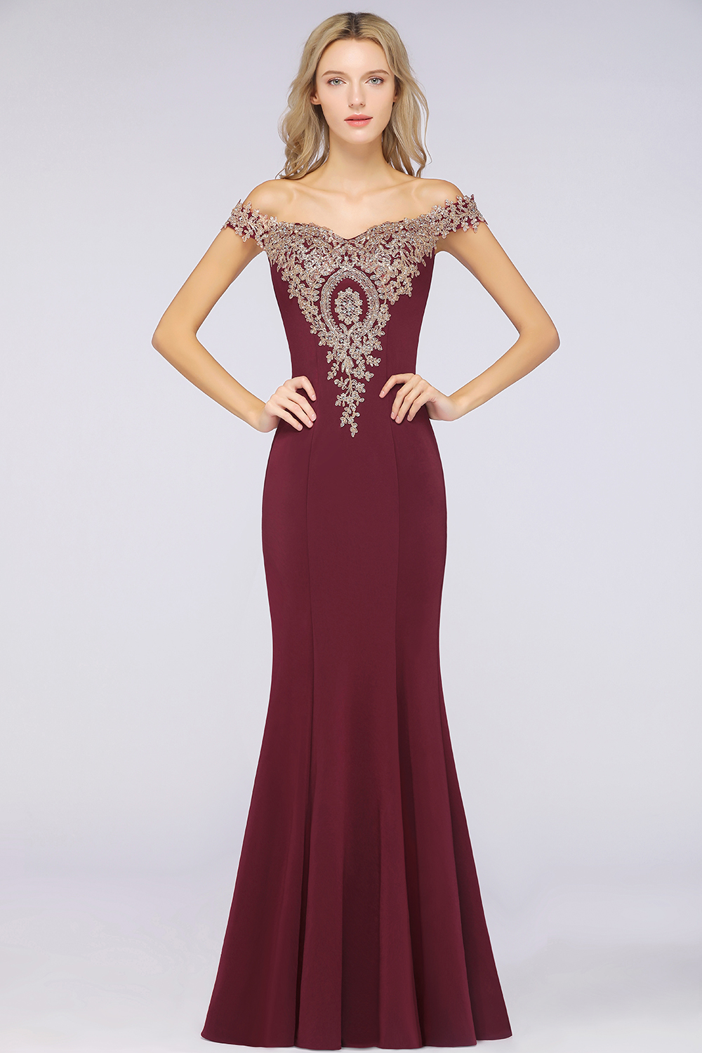 Off-the-shoulder Burgundy Evening Dress with Gold Lace Appliques Floor Length Formal Dress-newarrivaldress