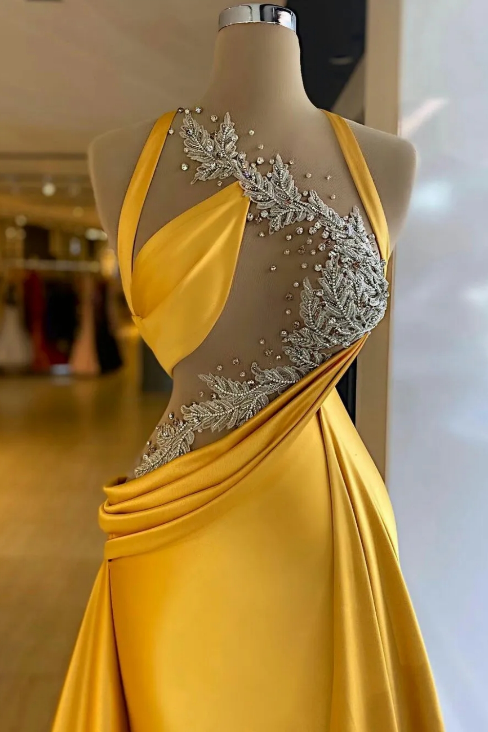 Halter Yellow Ruched Satin Floor Length Dress for Evening Party 3D Crystals Sheath Prom Dress-newarrivaldress
