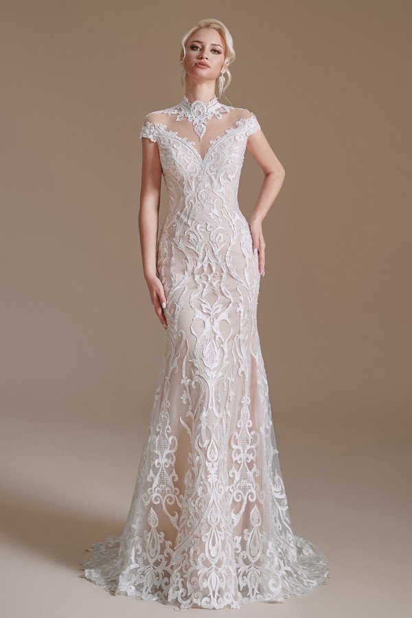 Cap Sleeves Mermaid Wedding Dress High Neck Floral Lace Bidal Dress-newarrivaldress