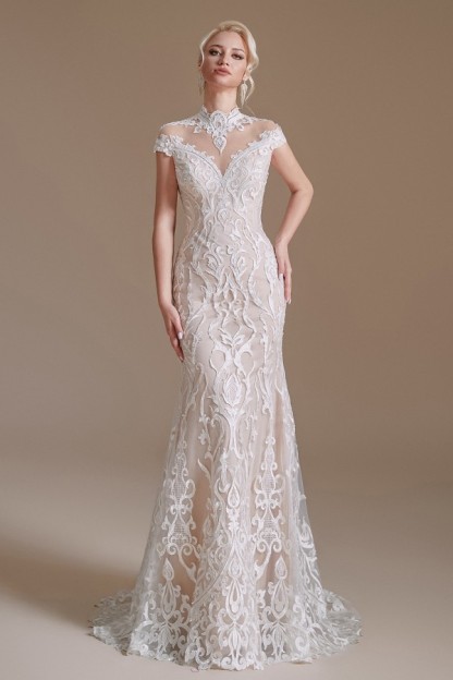 Cap Sleeves Mermaid Wedding Dress High Neck Floral Lace Bidal Dress-newarrivaldress