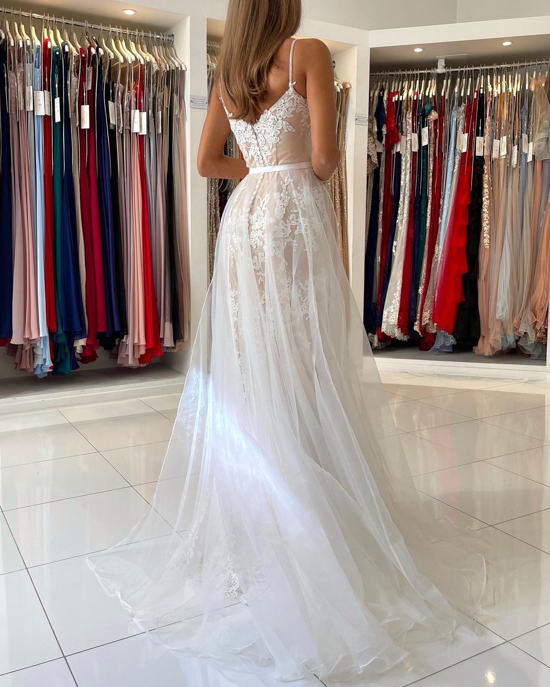 Charming Spaghetti Straps Lace Mermaid Evening Maxi Dress Sweetheart Prom Dress with Detachable Tulle Train-newarrivaldress
