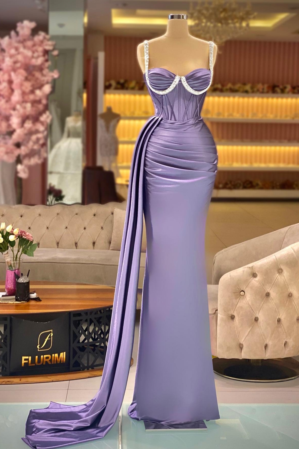 Stunning Sweetheart Straps Ruched Satin Long Evening Dress Lilac with Train-newarrivaldress