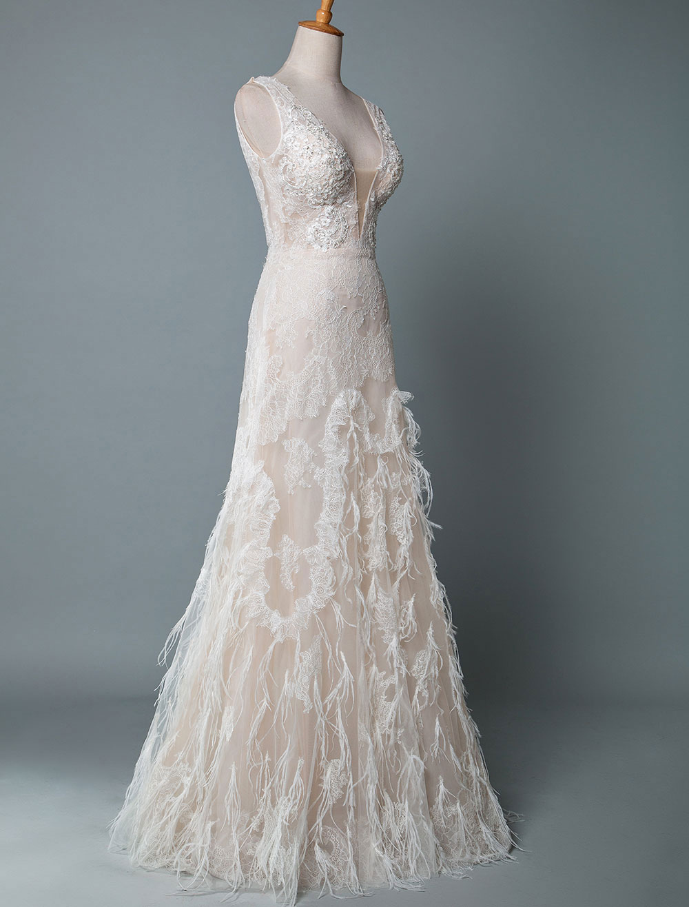 Simple Wedding Dress Lace A Line V Neck Sleeveless Beaded Floor Length Feather Bridal Gowns-newarrivaldress