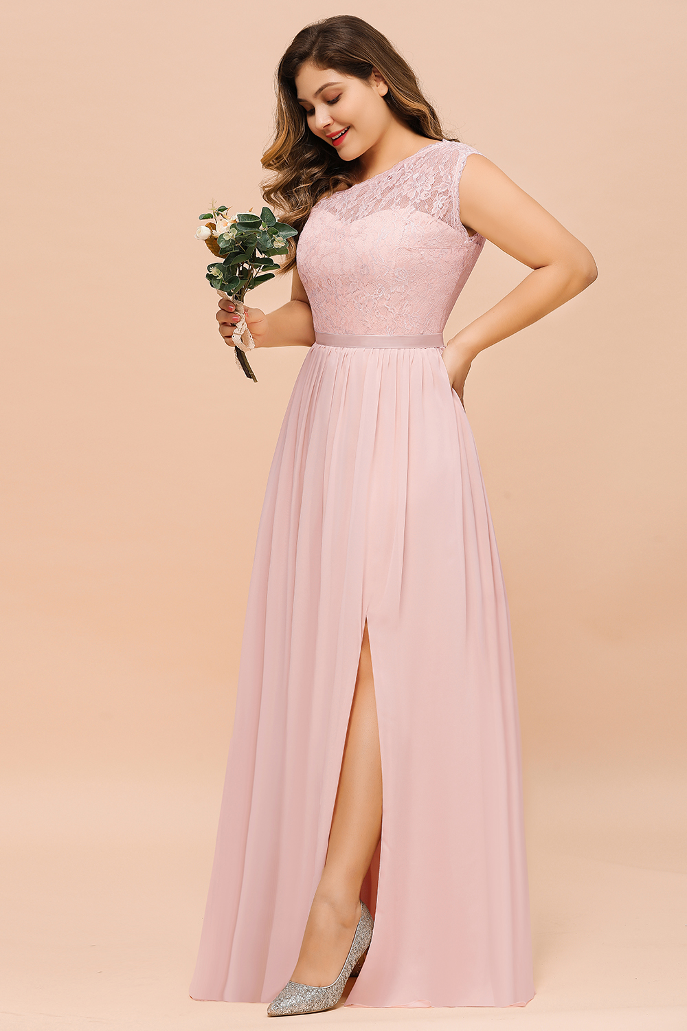 Plus Size One Shoulder Lace Chiffon Bridesmaid Dress Pink Long Wedding Guest Dress-newarrivaldress