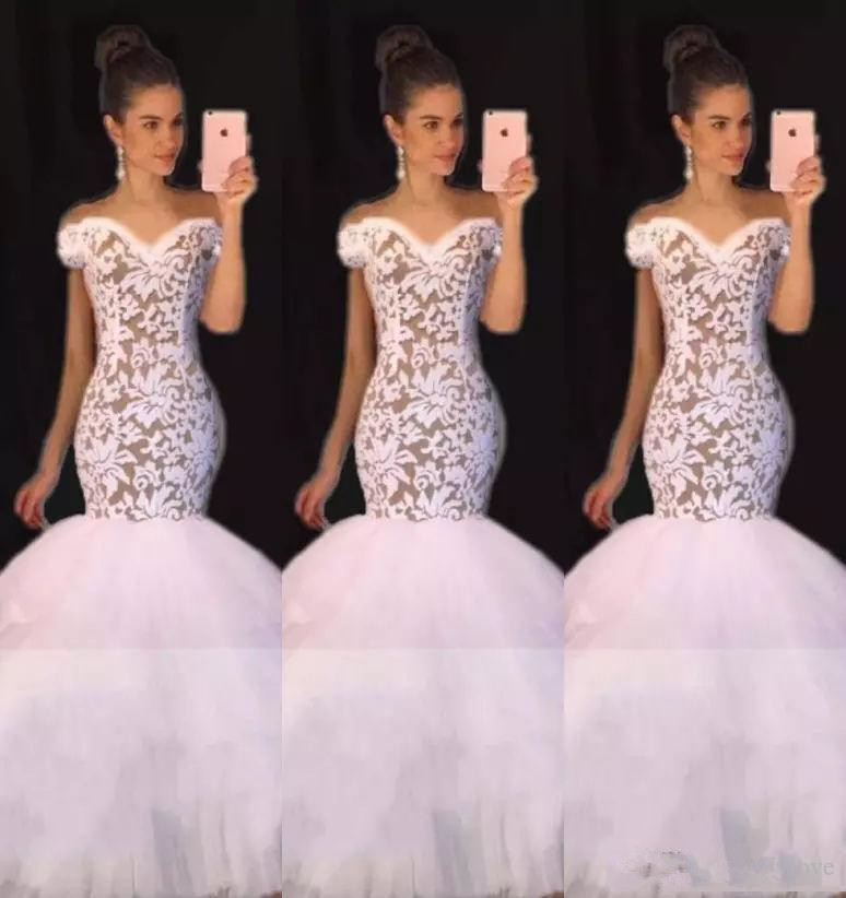 Off the Shoulder White Lace Long Prom Dresses | Tulle Mermaid Plus Size Formal Evening Gowns BA7796-newarrivaldress