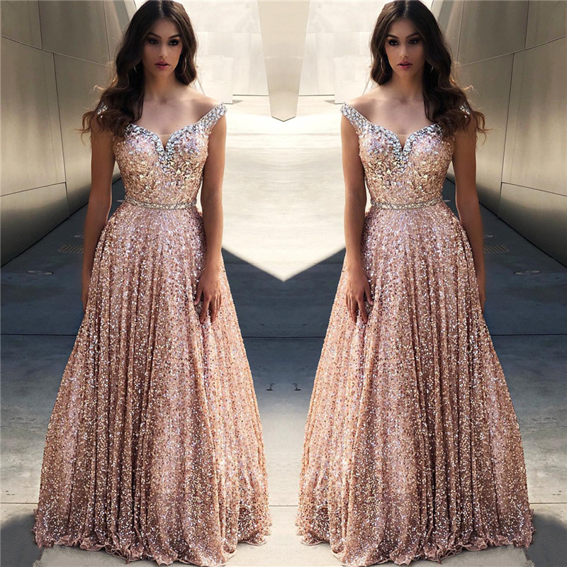 Rose Gold Sequins Evening Dresses | Off The Shoulder Sexy Bling-bling Prom Dress-newarrivaldress