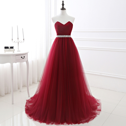 Custom Made Fluffy Tulle A-line Sweetheart Burgundy Prom Dresses With Beads Belt-newarrivaldress