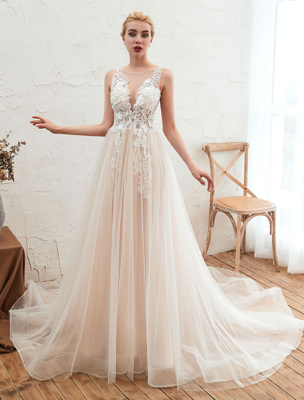 Wedding Dress 2021 V Neck Sleeveless A Line Tulle Bridal Gowns With Train-newarrivaldress