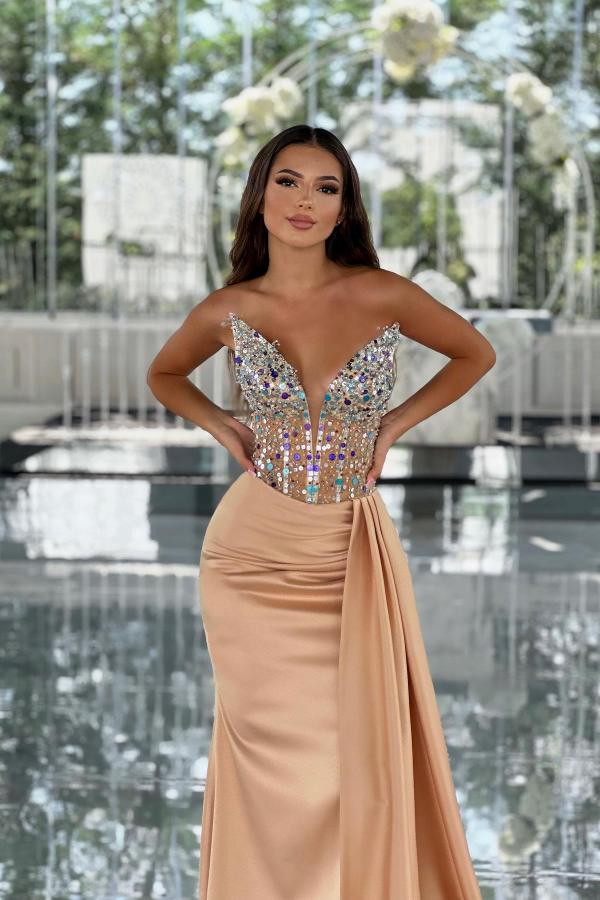 Sleeveless Sparkly Ruched Satin Long Evening Dress with Sweep Train-newarrivaldress