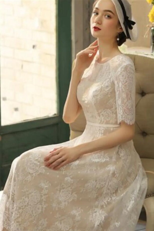 Elegant Half Sleeves Lace Short Wedding Dress Vintage Jewel Neck Ankle Length Bridal Dress-newarrivaldress