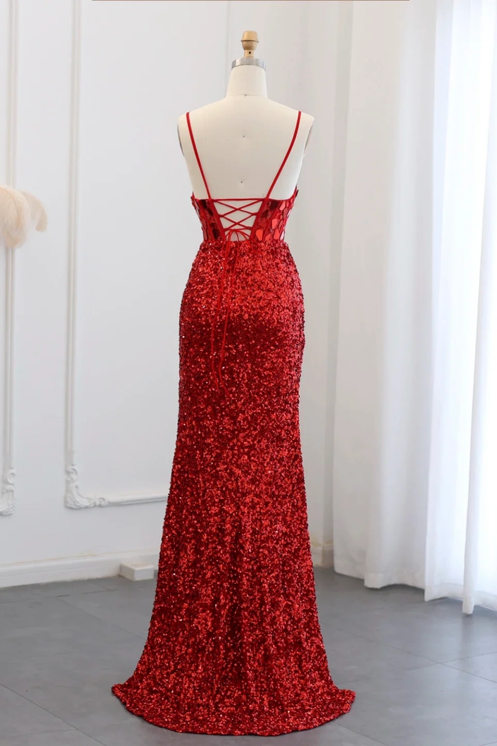 Spaghetti Straps Sequin Mermaid Evening Dresses with Side Slit Glitter Long Party Gowns-newarrivaldress