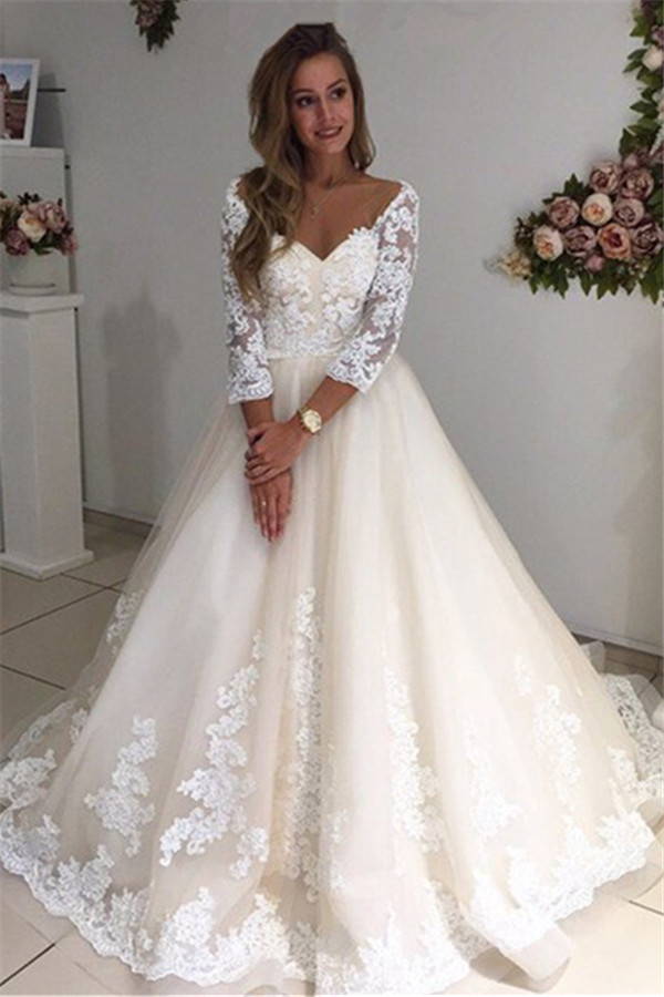 Ivory Backless Long Tulle Appliques New Arrival A-line Lace Sleeves Wedding Dresses-newarrivaldress
