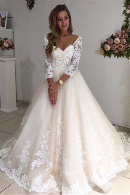 Ivory Backless Long Tulle Appliques New Arrival A-line Lace Sleeves Wedding Dresses-newarrivaldress