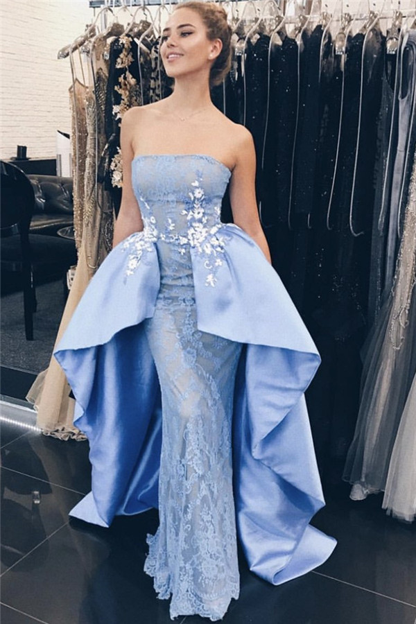 Elegant Blue Lace Appliques Strapless Overskirt Mermaid Prom Dresses-newarrivaldress