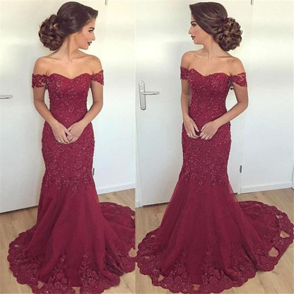 Lace Glamorous Burgundy Mermaid Appliques Long Off-the-Shoulder Evening Dress-newarrivaldress