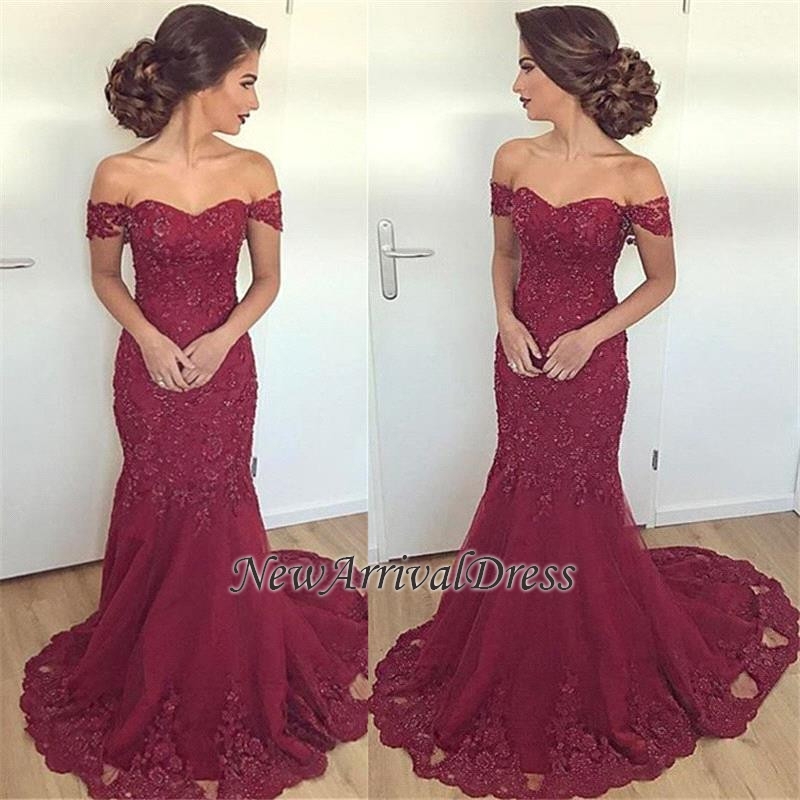 Lace Glamorous Burgundy Mermaid Appliques Long Off-the-Shoulder Evening Dress-newarrivaldress