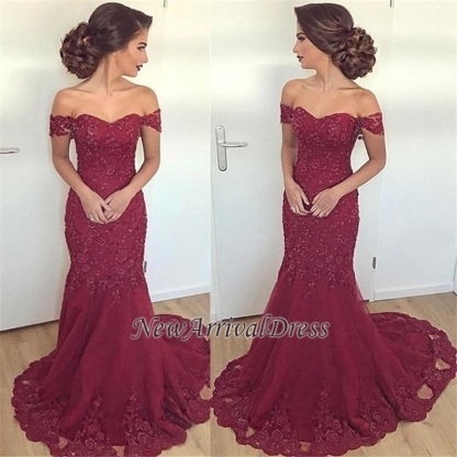 Lace Glamorous Burgundy Mermaid Appliques Long Off-the-Shoulder Evening Dress-newarrivaldress