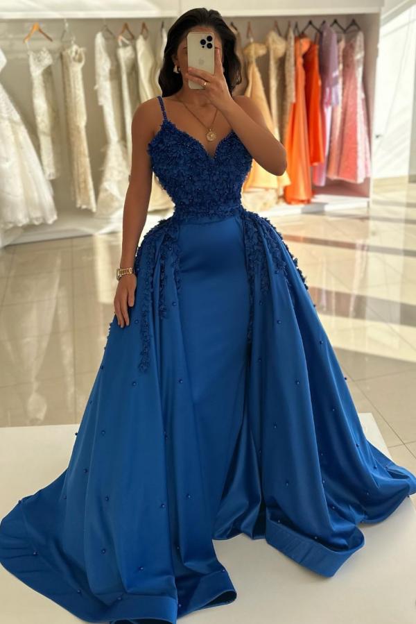 Stunning Royal Blue Satin Evening Dresses with Lace Appliques Detachable Train Party Dress-newarrivaldress