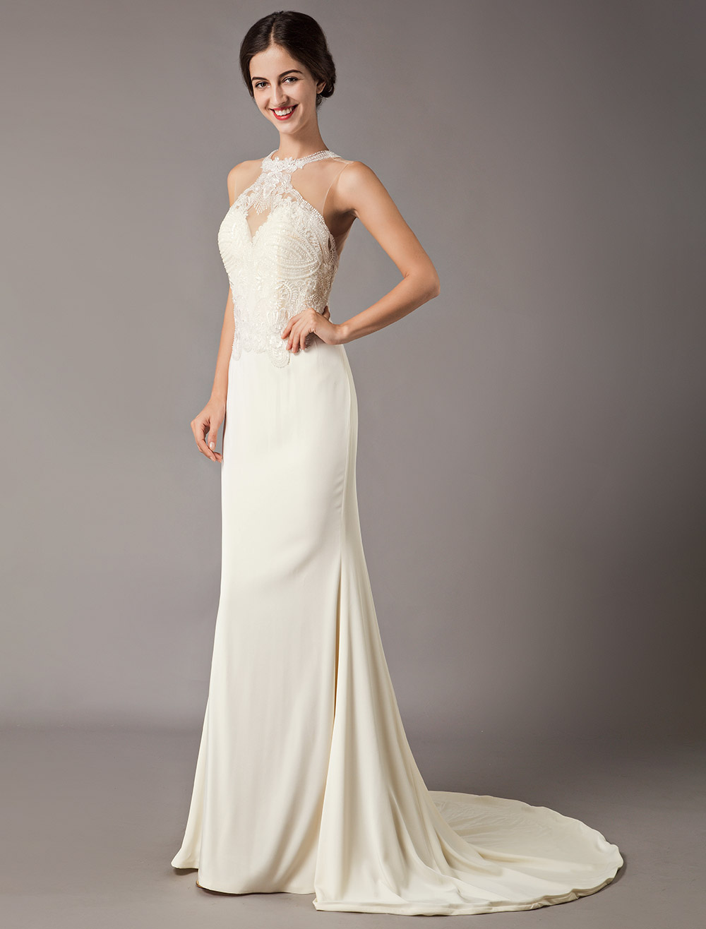 Wedding Dresses Ivory Lace Sleeveless Illusion Sheath Column Bridal Gowns With Train-newarrivaldress