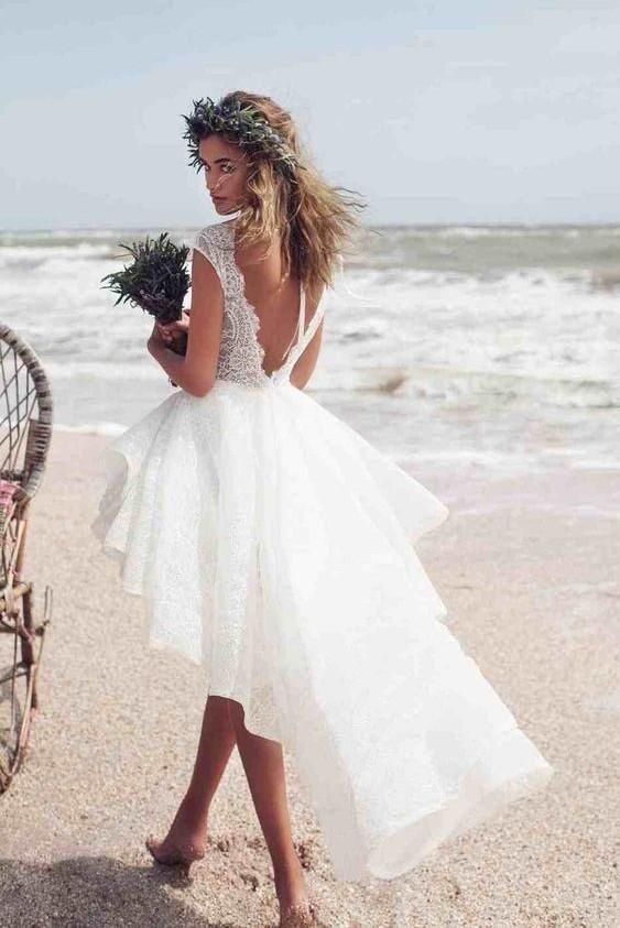 Simple Beach Wedding Dress Cap Sleeves Hi-Lo Bridal Dress-newarrivaldress