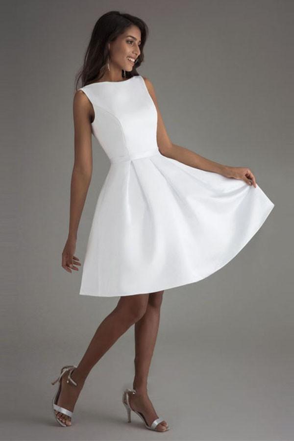 Scoop Neck Satin Short Wedding Dress Ankle Length Bride Dress-newarrivaldress