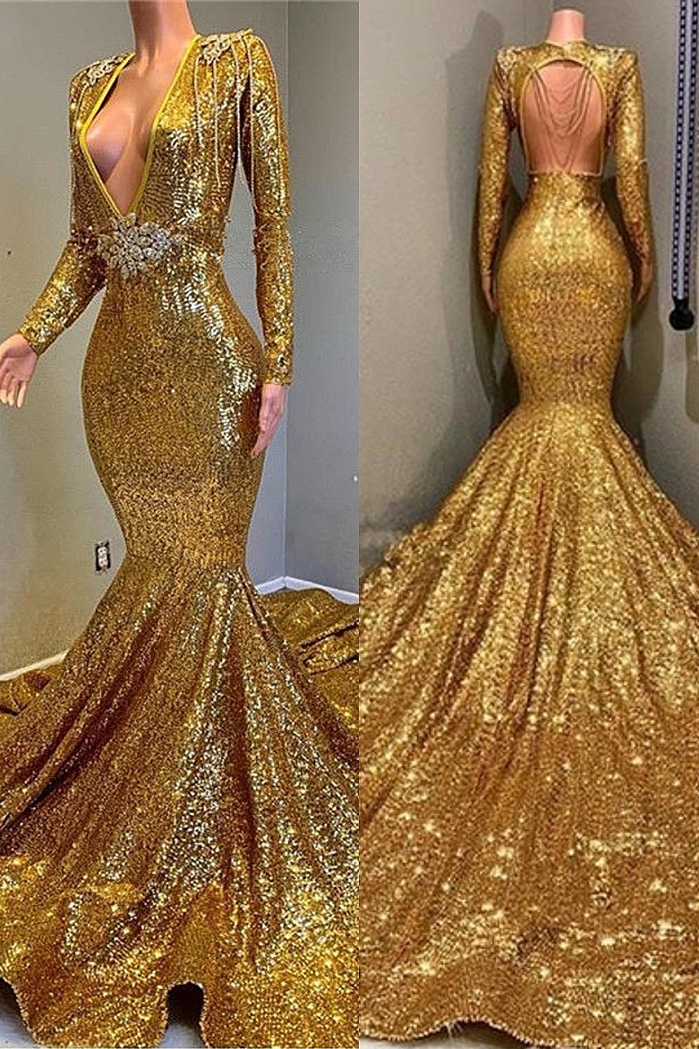 Gorgeous Mermaid Sequins Long Sleeve Floor Length Long Prom Dresses-newarrivaldress