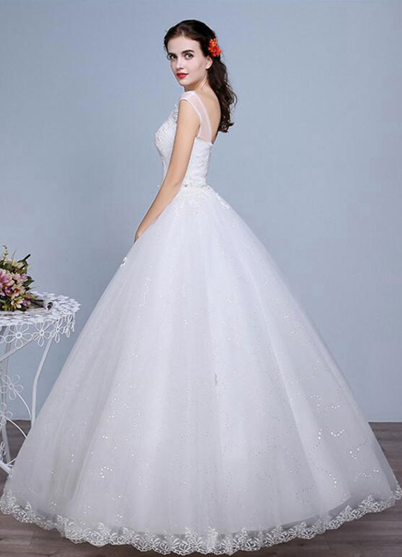 Ivory Wedding Dress Lace Sleeveless V Neck Rhinestones Beaded A-Line Floor Length Bridal Gown-newarrivaldress