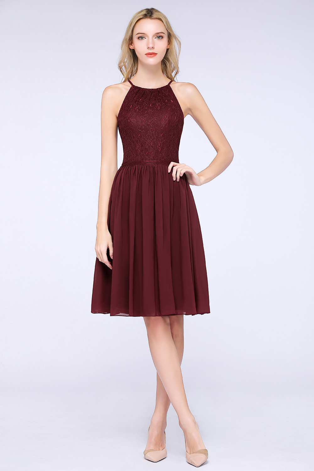 A-line Chiffon Lace Jewel Sleeveless Knee-Length Bridesmaid Dresses with Ruffles-newarrivaldress