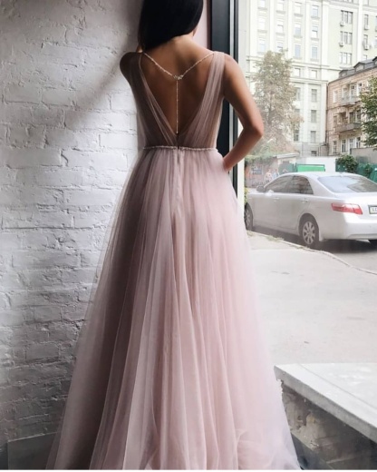 Tulle V-Neck Beading Long Evening Dress-newarrivaldress