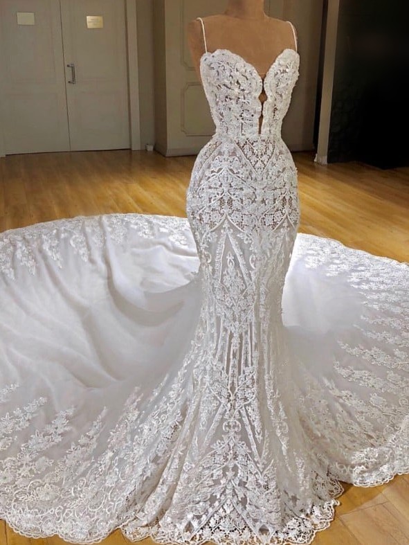 Latest Lace Mermaid Wedding Dresses Online | Sexy Spaghetti Straps Lace Appliques Bridal Gowns-newarrivaldress