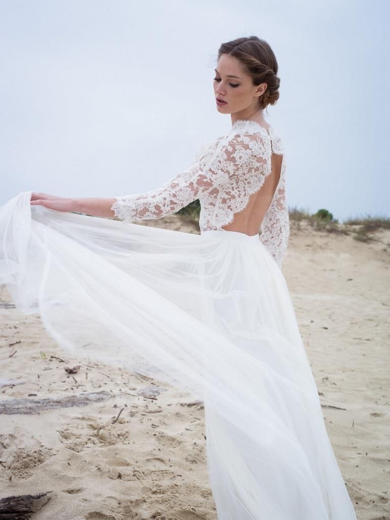 V-neck Elegant A-Line 3/4 Sleeve Lace Wedding Dresses | Beautiful Simple Beach Wedding Dresses-newarrivaldress