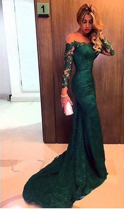 Dark Green Evening Gowns Long Sleeves Lace Glamorous Mermaid Prom Dresses-newarrivaldress