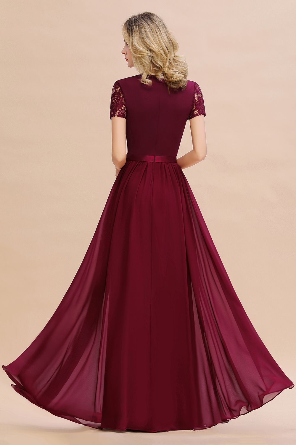 Elegant Chiffon Lace Jewel Short-Sleeves Bridesmaid Dress Floor-Length A-Line Wedding Guest Dress-newarrivaldress