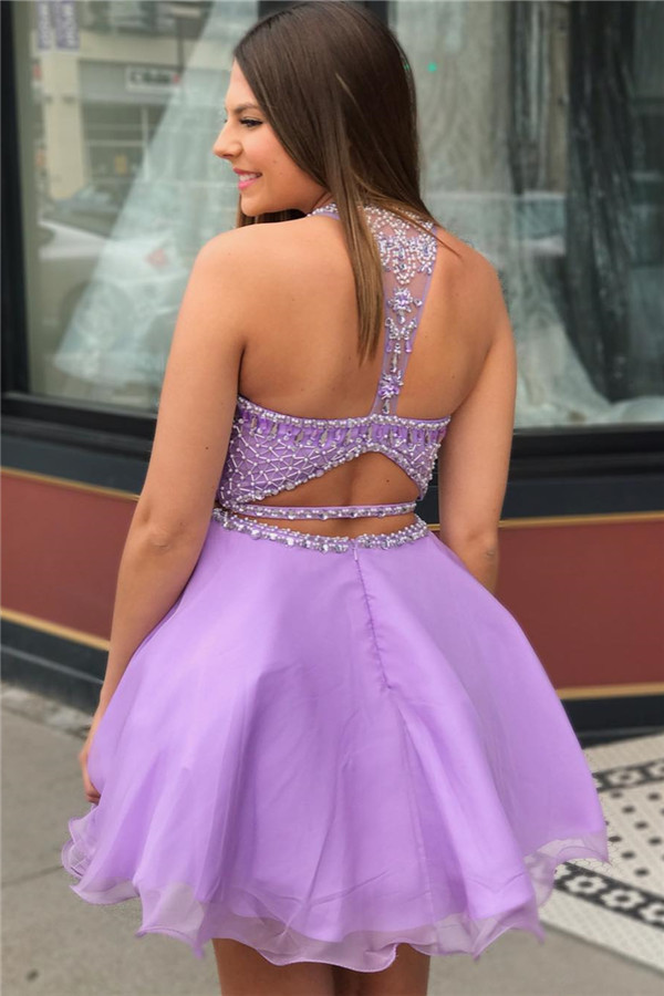 Purple Crystal Halter Sleeveless Two-Piece Home-Coming Dresses-newarrivaldress