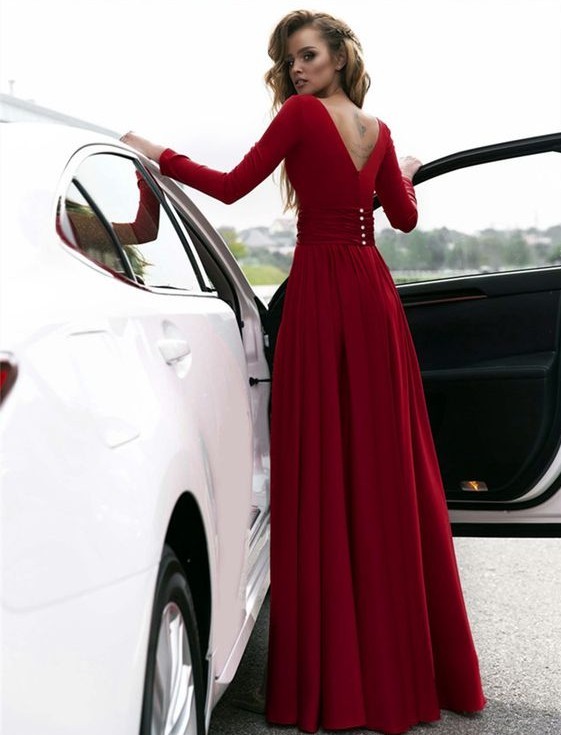 Sexy Red Long Sleeve V-neck Prom Dress | Front Split Evening Gown-newarrivaldress