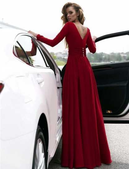 Sexy Red Long Sleeve V-neck Prom Dress | Front Split Evening Gown-newarrivaldress