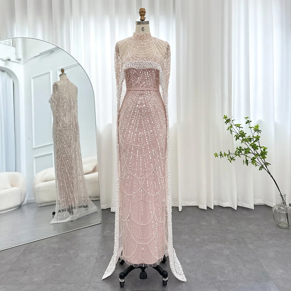 Luxury Sequins Dubai Mermaid Evening Dress with Cape Glitter Pearls Floor Length Party Dress-newarrivaldress