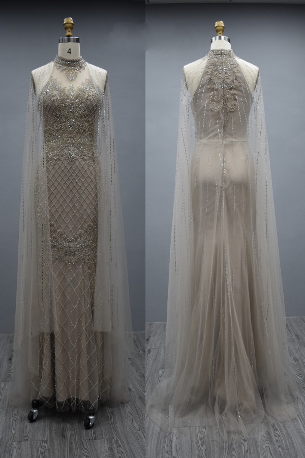 Gorgeous Halter Glitter Beadings Long Evening Dress with Tulle Cape-newarrivaldress