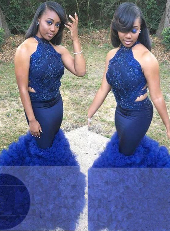 Royal Blue Halter Sleeveless Prom Gown | Sexy Flower Appliques Mermaid Evening Dress-newarrivaldress
