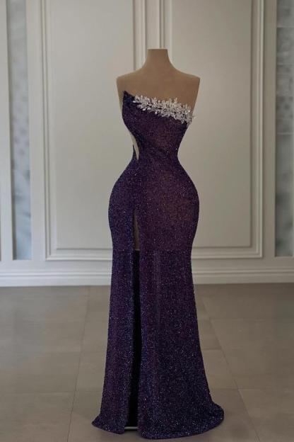 Strapless Glitter Sequins Bodycon Prom Dress Crystals Long Evening Party Dress with Front Split-newarrivaldress