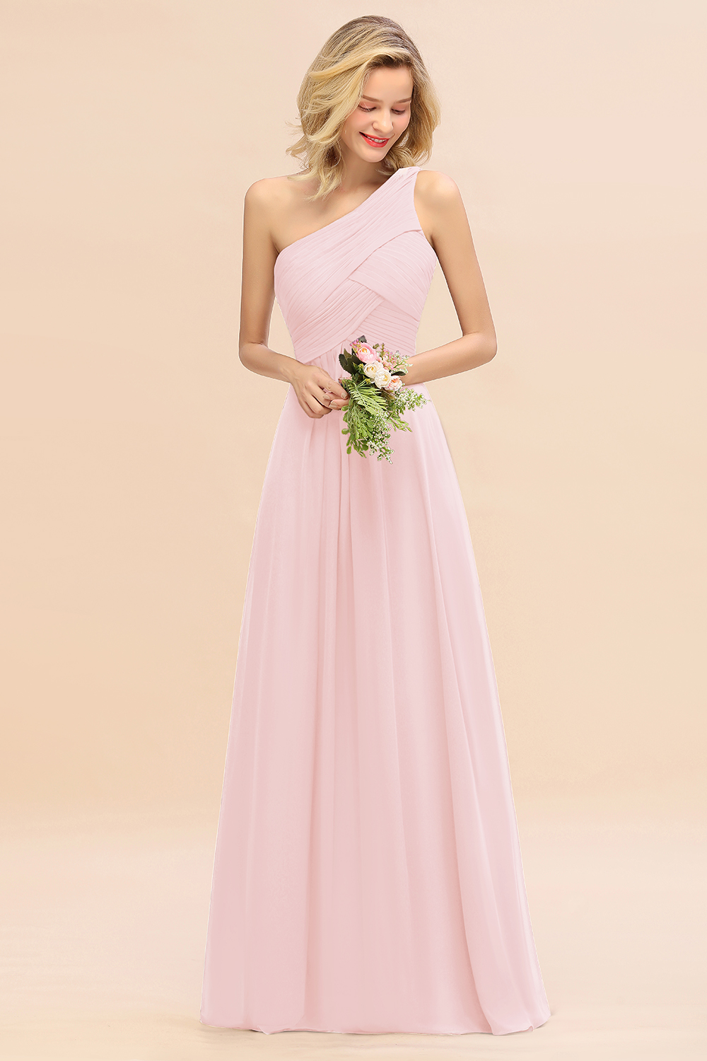 Elegant Ruched Chiffon One Shoulder Bridesmaid Dress Long Sleeveless Evening Dress-newarrivaldress