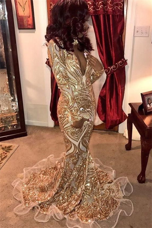 Glamorous Deep V-Neck Long Sleeves Gold Appliques Mermaid Prom Dresses-newarrivaldress