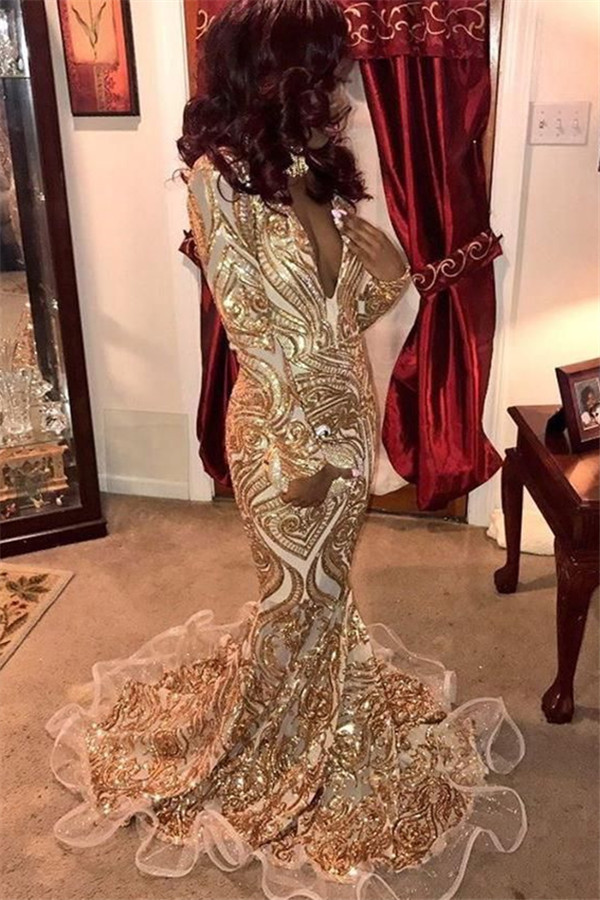 Glamorous Deep V-Neck Long Sleeves Gold Appliques Mermaid Prom Dresses-newarrivaldress
