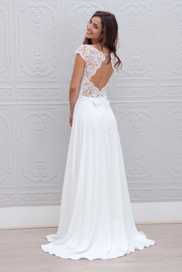 Beautiful Simple Short Sleeve Elegant A-Line Sweep Train Open Back White Wedding Dresses-newarrivaldress