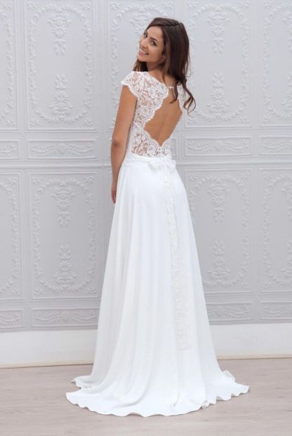 Beautiful Simple Short Sleeve Elegant A-Line Sweep Train Open Back White Wedding Dresses-newarrivaldress