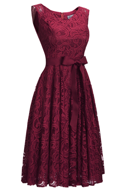 Simple Sleeveless A-line Red Lace Dresses with Ribbon Bow-newarrivaldress