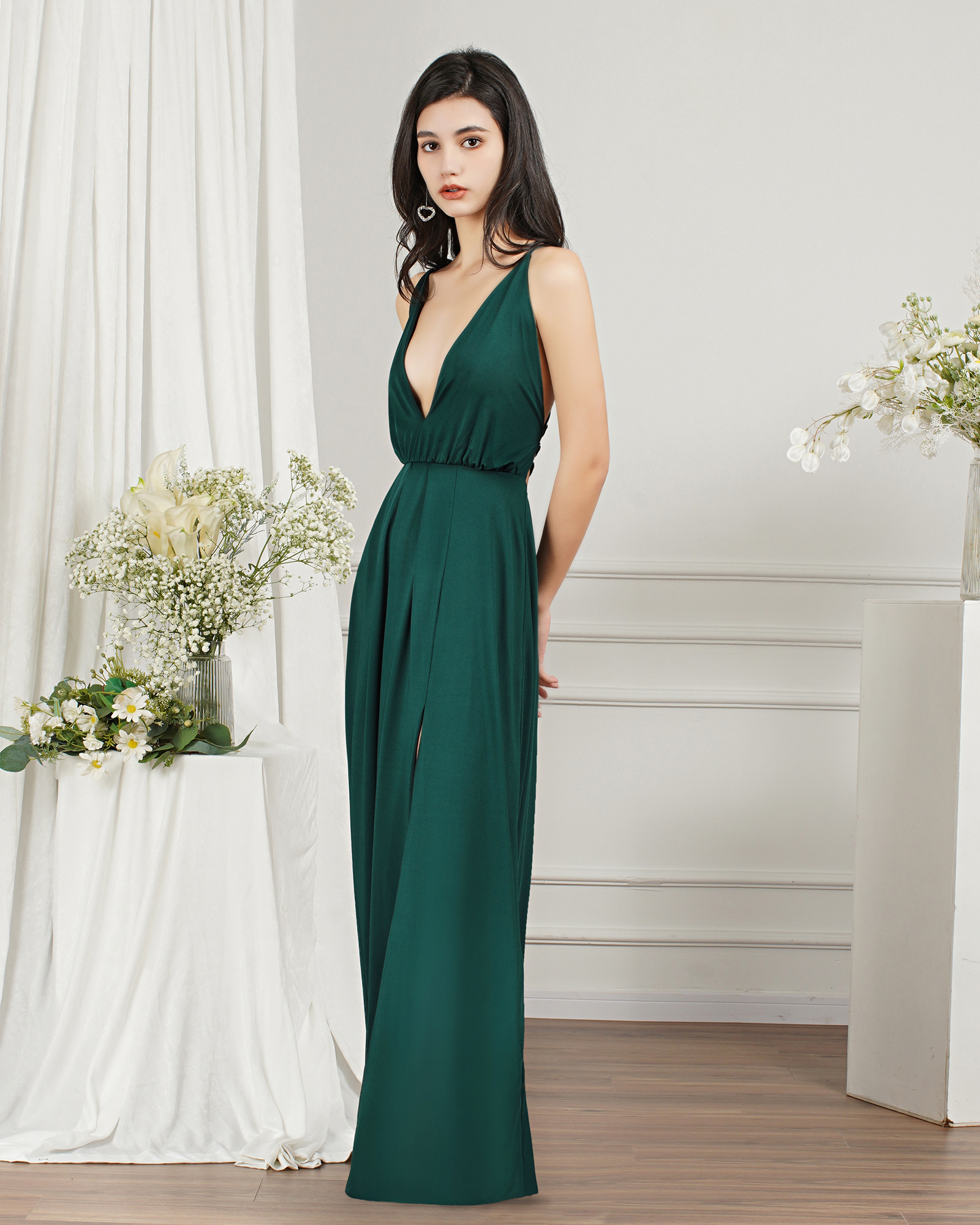Sleeveless Side Slit Evening Dress V-Neck Aline Floor-Length Dress-newarrivaldress