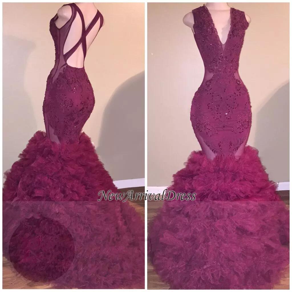 Beaded Mermaid Ruffled Sleeveless Gorgeous Cris-cross Back V-neck Applqiues Prom Dresses-newarrivaldress