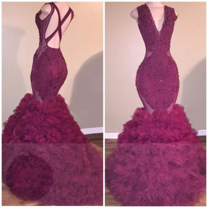 Sleeveless Mermaid Ruffles Long Prom Dresses Plus Size | Criss-cross Applqiues Formal Dresses-newarrivaldress