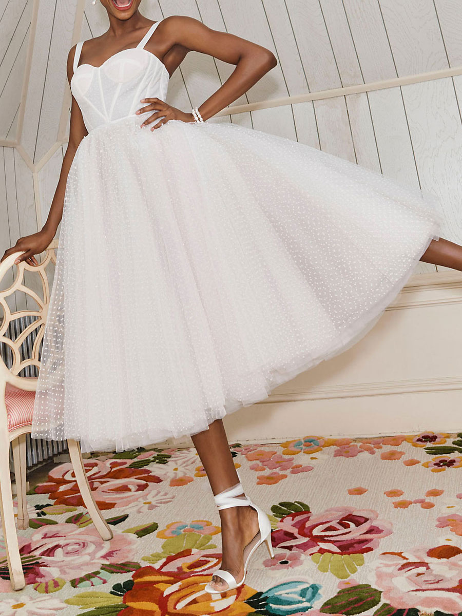 White Bridal Short Dress T-Length A-Line Sweetheart Pearls Spaghetti Straps Tea Length Dress-newarrivaldress